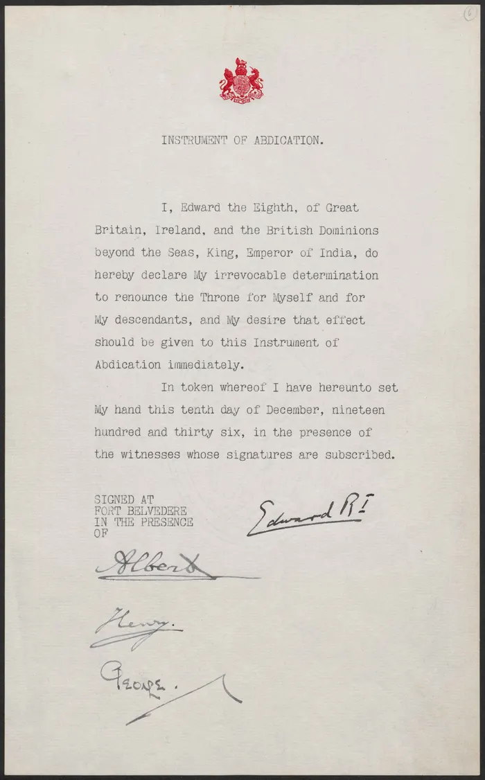 The Instrument of Abdication, signed by Edward VIII on 10 December 1936.