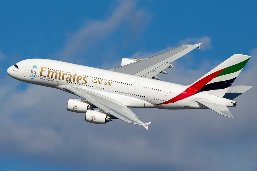 An Airbus A380 of Emirates in flight near New York in 2013.