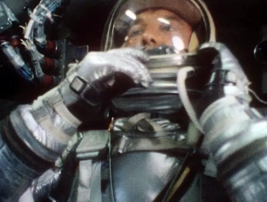 Alan Shepard inside Freedom 7 during the flight, filmed by an onboard camera.