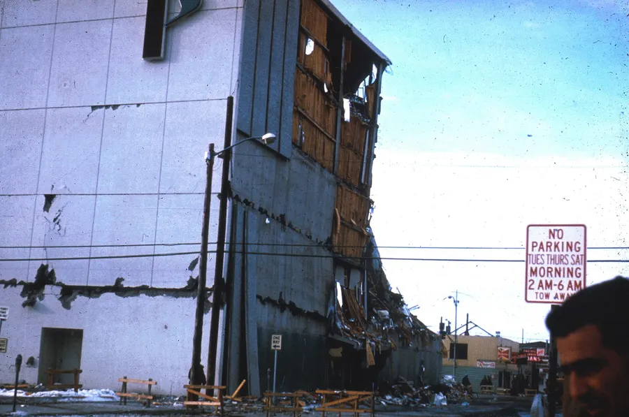 The wrecked Penney Building in Anchorage after the earthquake, 1964.