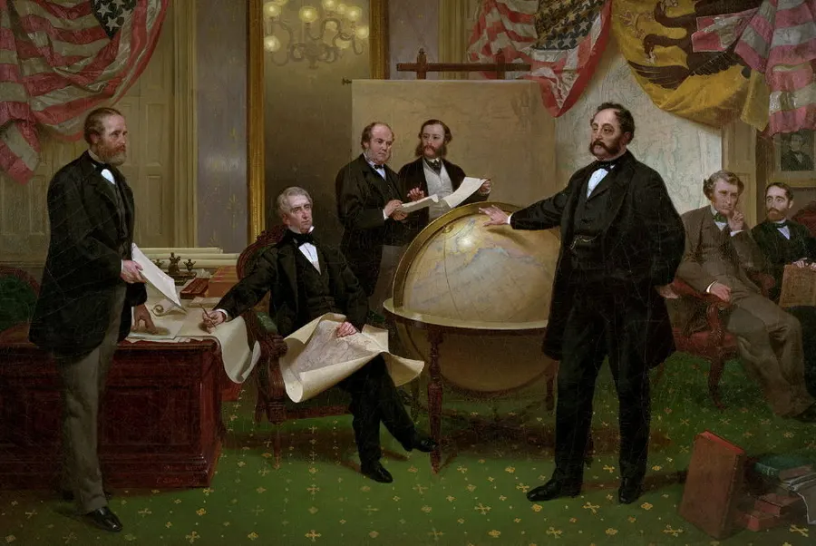 The Signing of the Alaska Treaty, painted by Emanuel Leutze: William Seward (seated, left) and Eduard de Stoeckl (at the globe).
