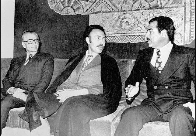 The Shah of Iran, Houari Boumédiène and Saddam Hussein in Algiers, 1975.