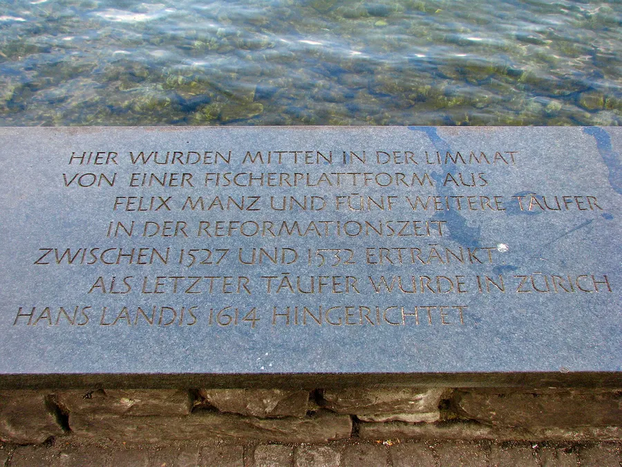 A memorial plaque on the Limmat in Zürich to Felix Manz and five other Anabaptists drowned in the river between 1527 and 1532.