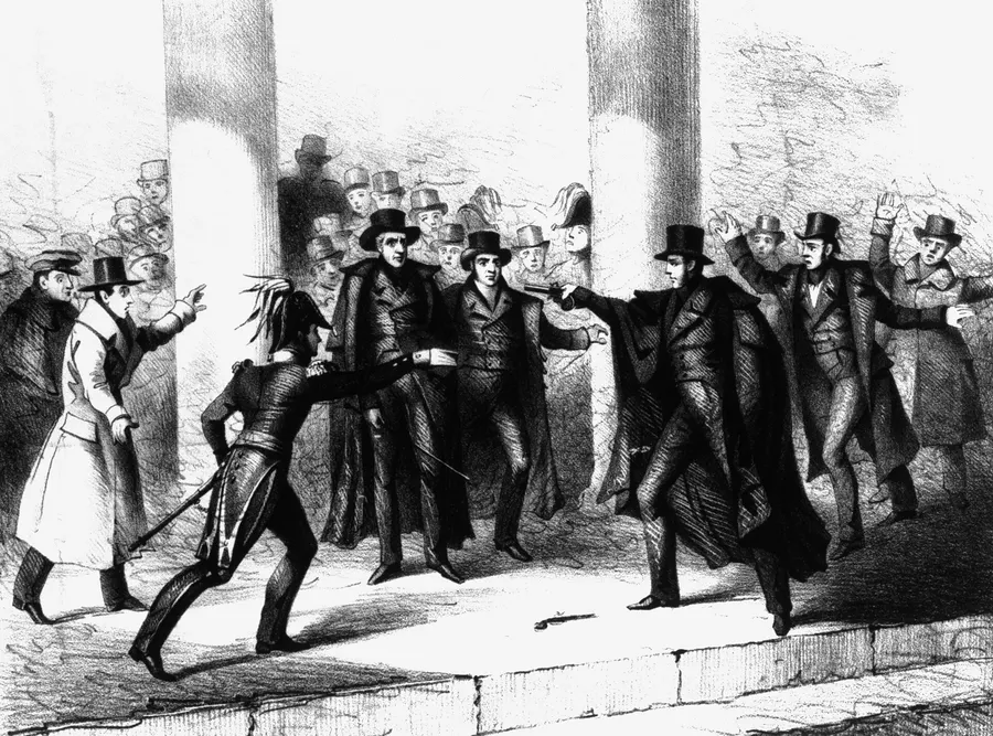 An 1835 print of Richard Lawrence's attempt to shoot President Andrew Jackson outside the Capitol.