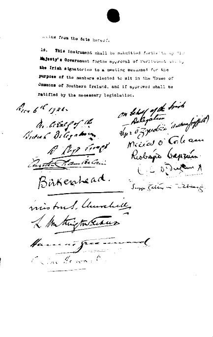 The signatures on the Anglo-Irish Treaty of December 1921.