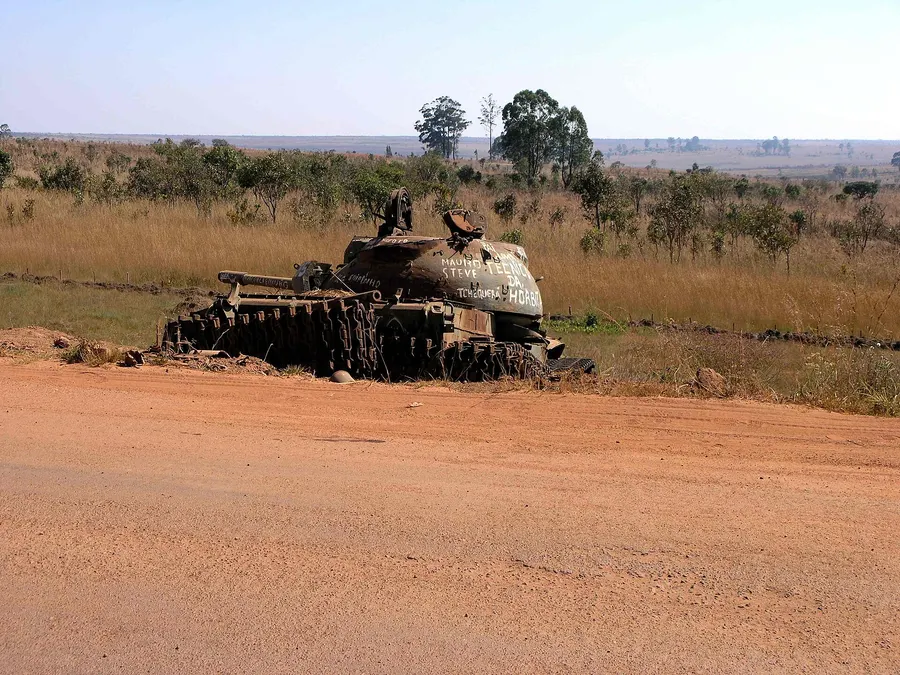 A tank wrecked by a landmine, a relic of the civil war, in Angola, 2006.