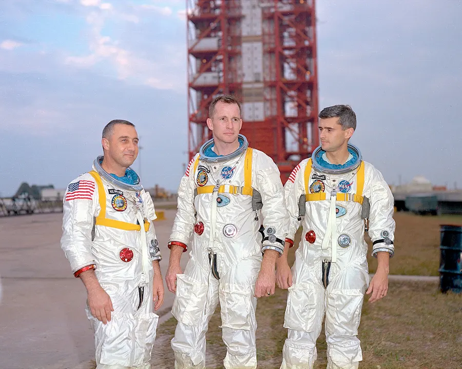 Gus Grissom, Ed White and Roger Chaffee in front of Launch Complex 34 on 17 January 1967, ten days before the fire.