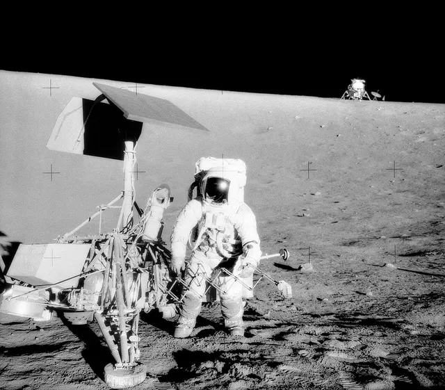 Pete Conrad beside the Surveyor 3 probe on the Moon, photographed by Alan Bean, November 1969.