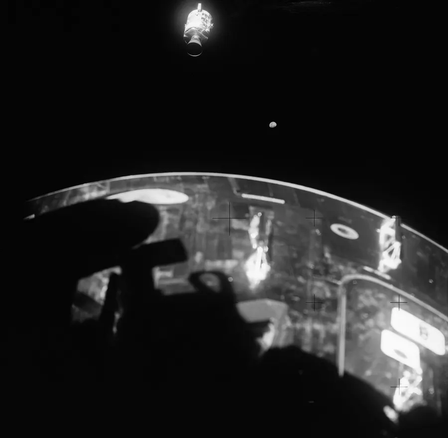 The damaged Apollo 13 service module, photographed by the crew after they cast it off on 17 April 1970.