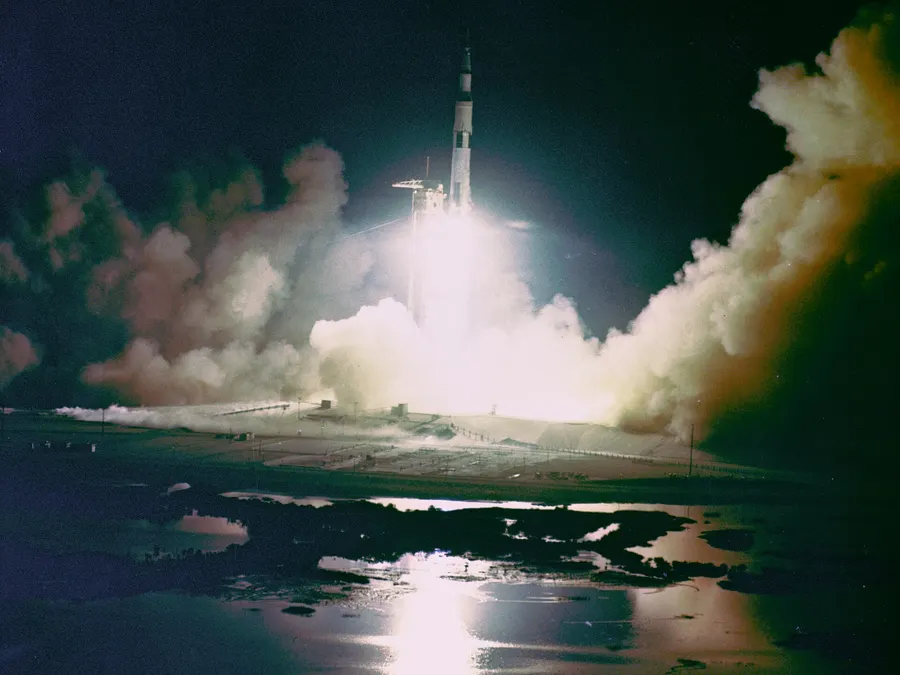 Apollo 17 lifts off from Kennedy Space Center at 12.33 am on 7 December 1972, the first night launch of a Saturn V.