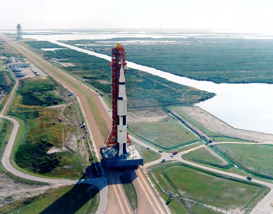 The Apollo 8 Saturn V being rolled out to the launch pad at Kennedy Space Center, 9 October 1968.