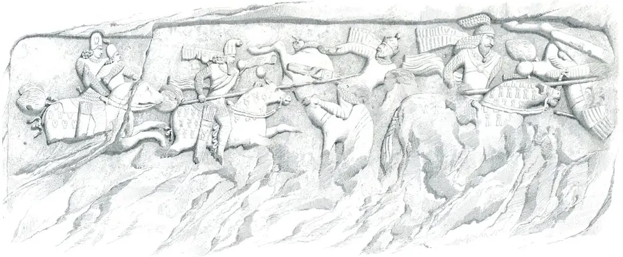 Eugène Flandin's drawing of the rock relief at Firuzabad showing Ardashir's victory over the Parthians.