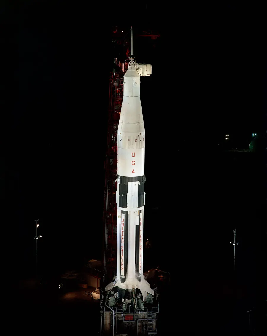 The Saturn IB rocket with its Apollo spacecraft on the pad at Launch Complex 34 during a countdown test, 6 February 1966.