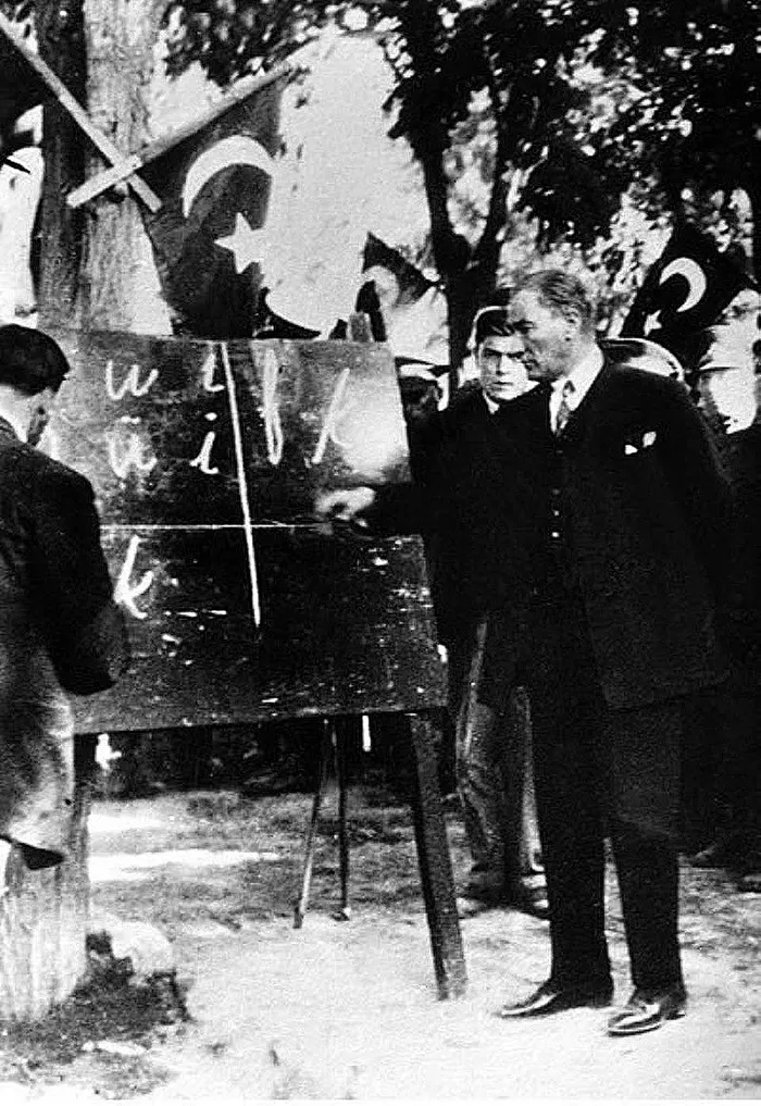 Mustafa Kemal Atatürk introduces the new Turkish alphabet to the people of Kayseri, 20 September 1928.