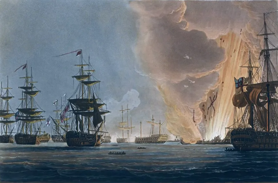 The Battle of the Nile, painted by Thomas Whitcombe, with the French flagship L'Orient exploding