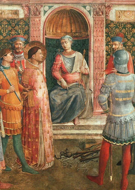 Saint Lawrence before the Roman emperor Valerian, painted by Fra Angelico in the Niccoline Chapel of the Vatican