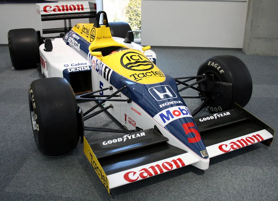 A Williams-Honda FW11, the model Nelson Piquet drove to victory in the first Hungarian Grand Prix; this one carries the number 5 of his team-mate Nigel Mansell