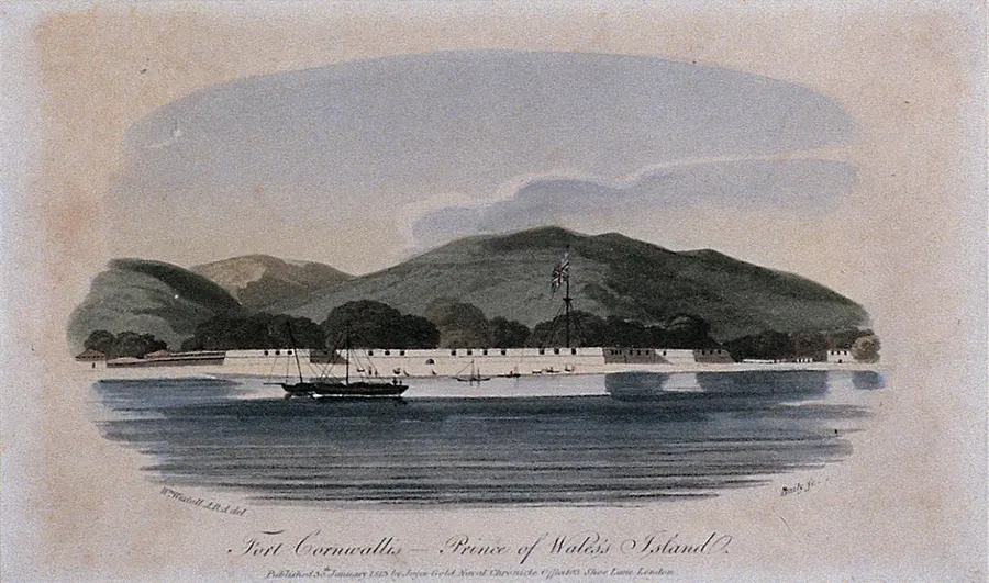 Fort Cornwallis on Prince of Wales Island, as Penang was then called, in an engraving by James Baily after William Westall