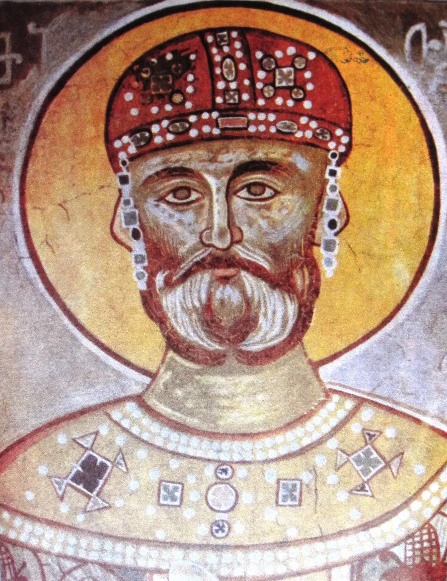 King David IV of Georgia, 'the Builder', in a medieval fresco at the Gelati Monastery, which he founded
