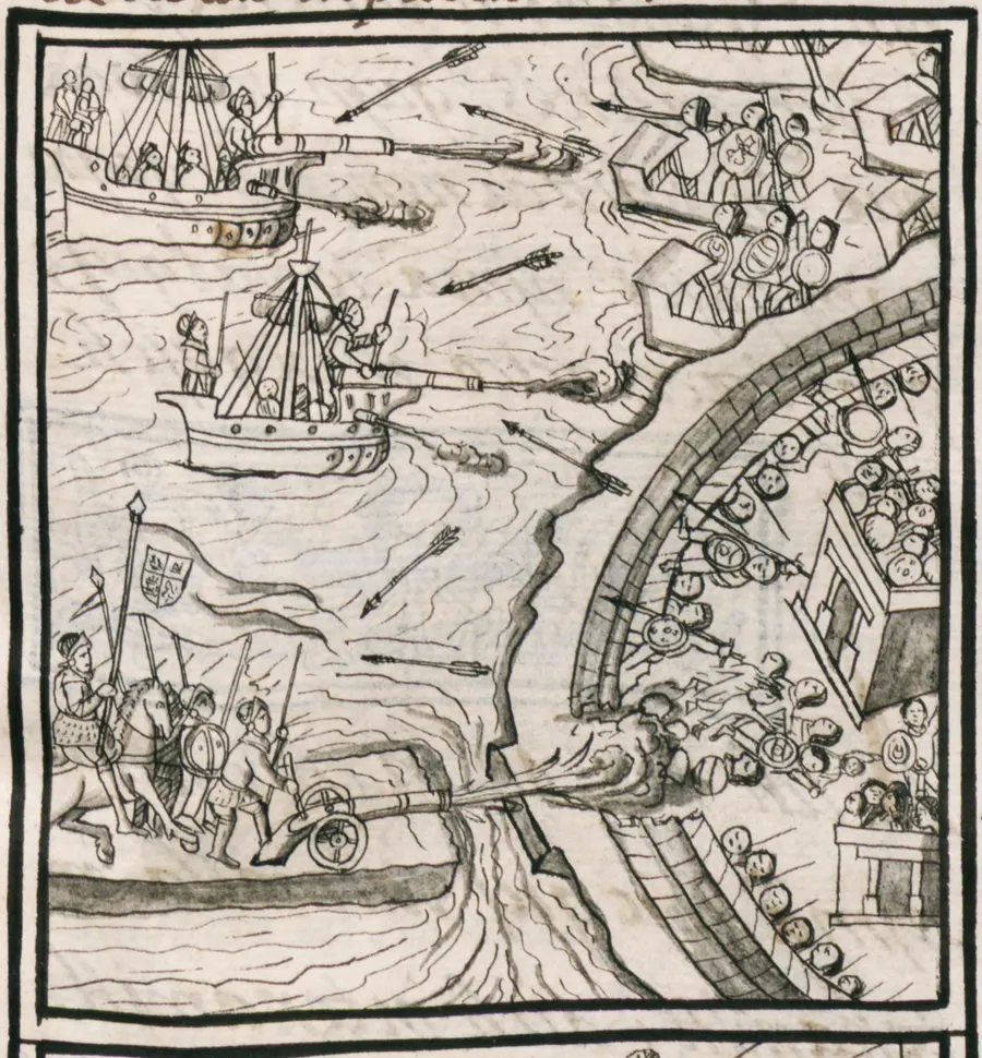 Spanish brigantines on the lake during the siege of Tenochtitlan, from the Florentine Codex compiled by Bernardino de Sahagún