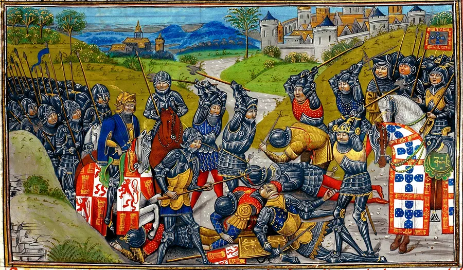 The Battle of Aljubarrota in a 15th-century illuminated manuscript of Jean de Wavrin's chronicle, now in the British Library