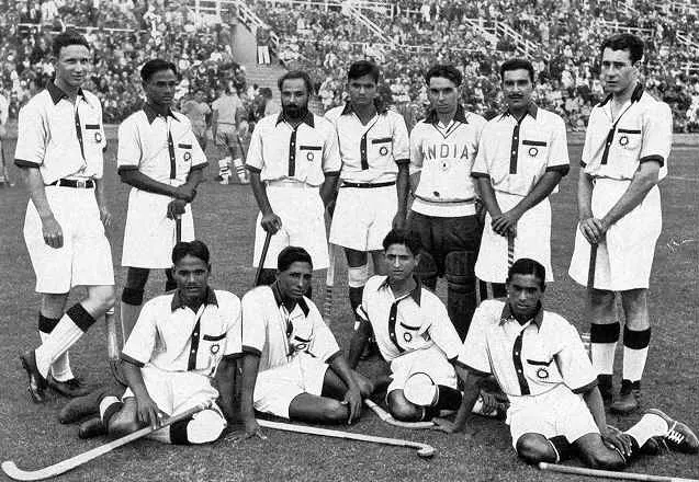 India's hockey team at the 1936 Berlin Olympics, with the captain, Dhyan Chand, standing second from left