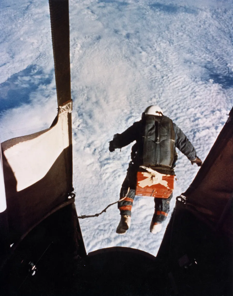 An automatic camera catches Joseph Kittinger as he steps from the Excelsior III gondola at 102,800 feet on 16 August 1960