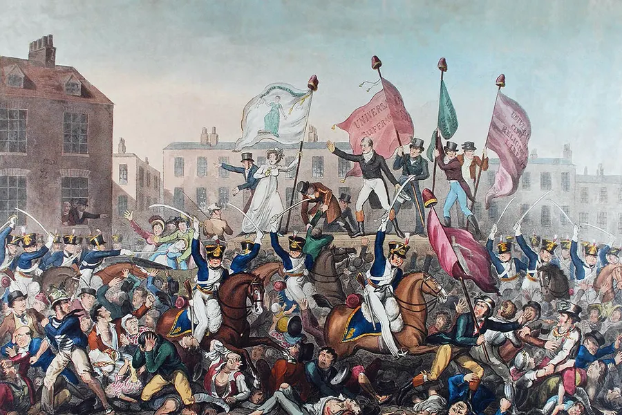 Yeomanry cavalry ride into the crowd at St Peter's Field, Manchester, in a print published by the radical Richard Carlile