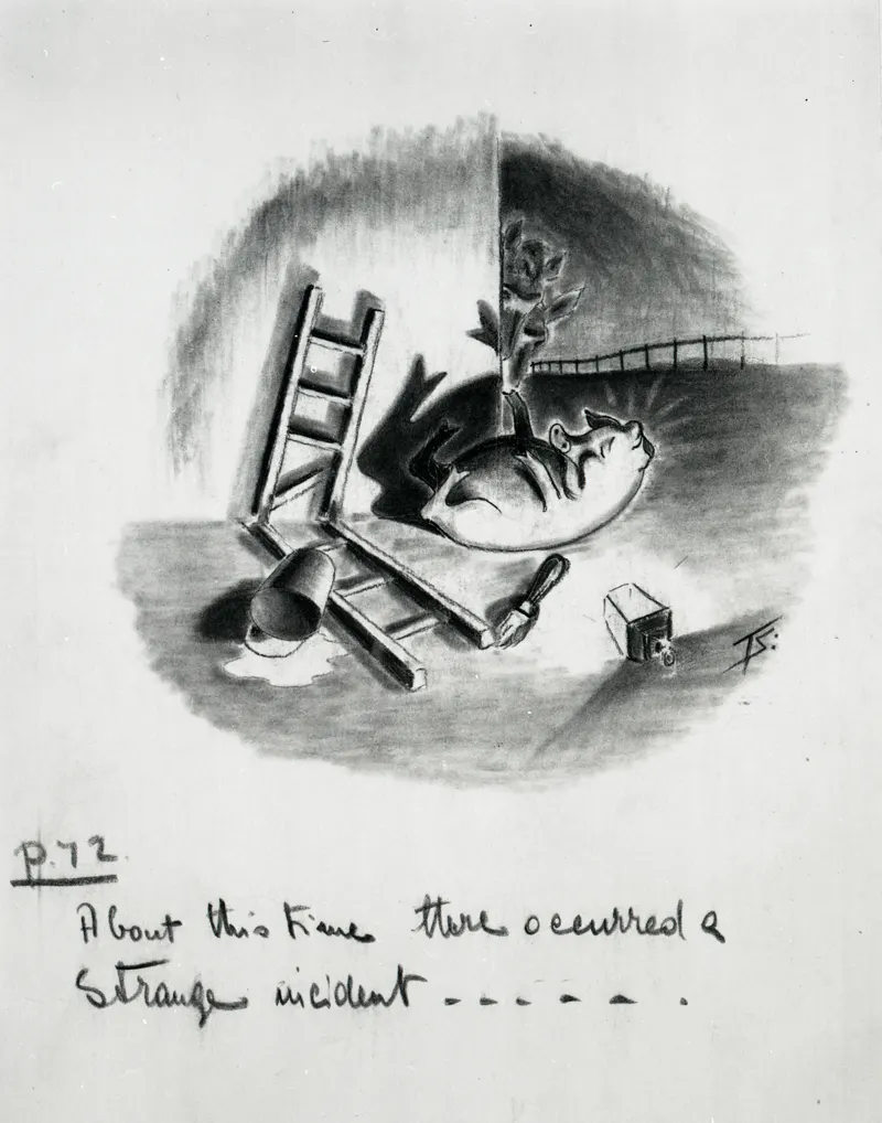 An illustration for Animal Farm, with the fallen ladder and spilt paint and the caption 'About this time there occurred a strange incident', held by the National Archives of the United Kingdom