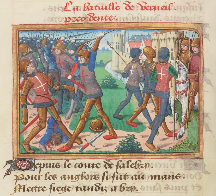 The Battle of Verneuil, headed 'La bataille de Verneuil', in a 15th-century manuscript of the Vigiles de Charles VII