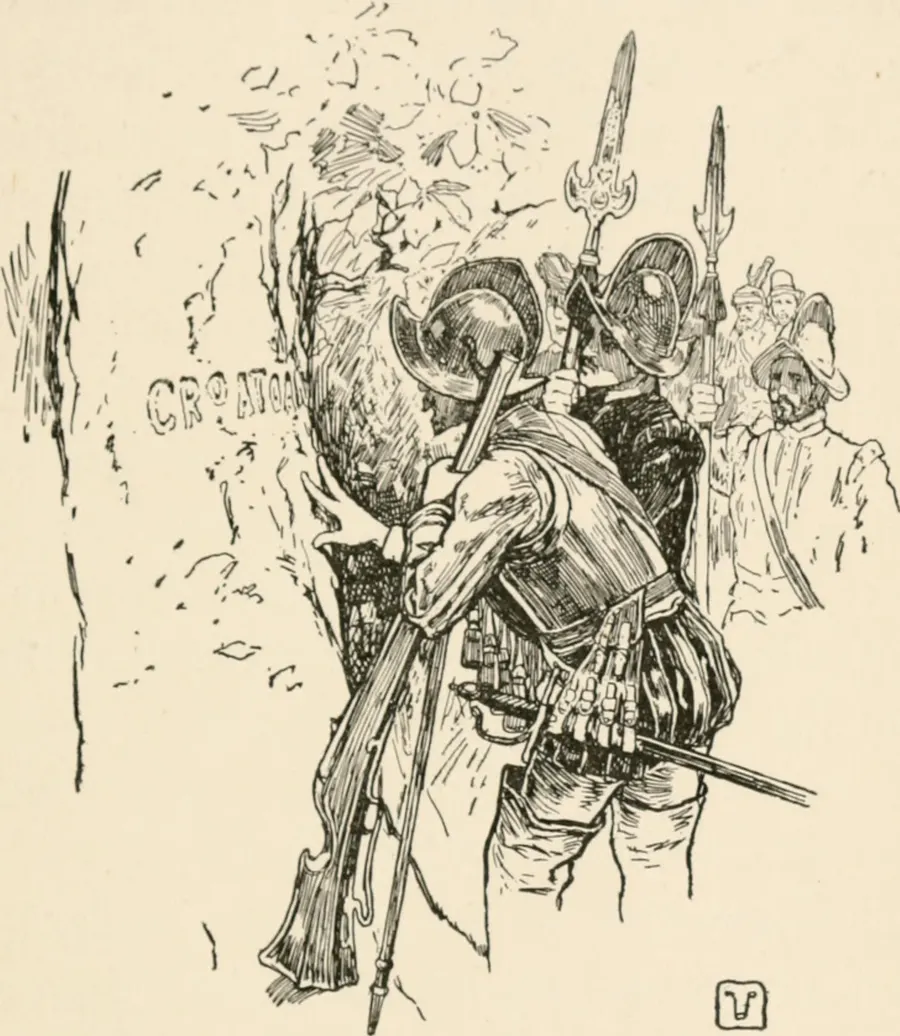 John White and his men find the word CROATOAN carved at the deserted settlement, in an illustration from a book of 1906