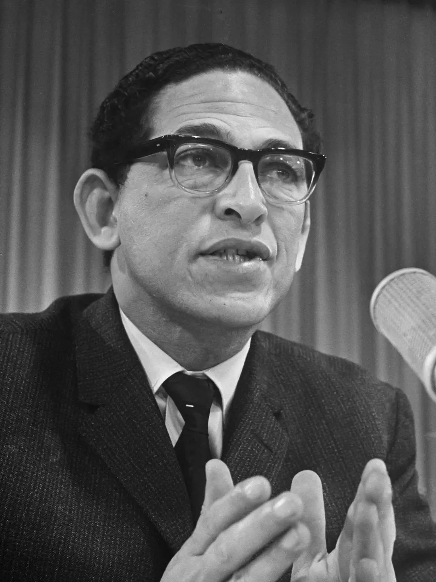 Dennis Brutus, a South African poet who campaigned against apartheid in sport, at a press conference in Amsterdam in 1967