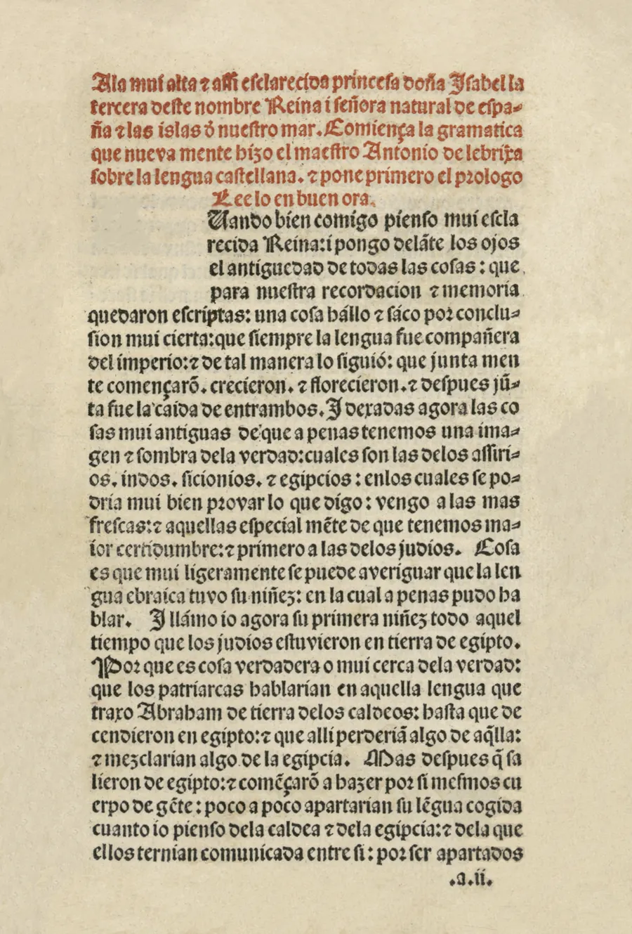 The first page of the prologue to Antonio de Nebrija's Gramática castellana, printed at Salamanca in 1492, addressed to Queen Isabella