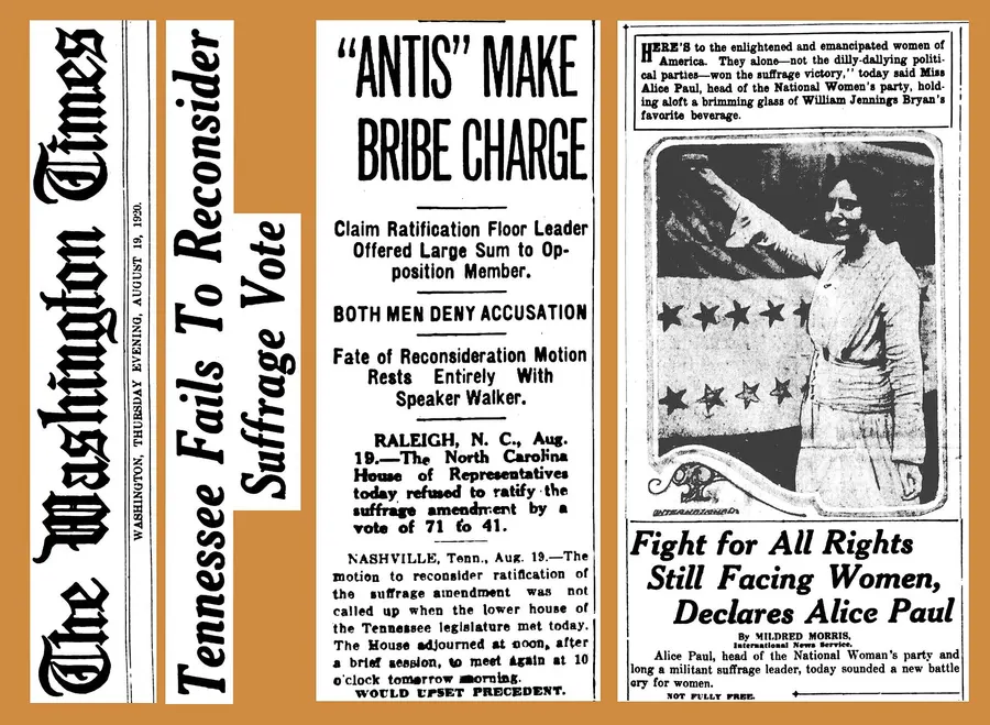 The Washington Times of 19 August 1920 reports that Tennessee has refused to reconsider its suffrage vote