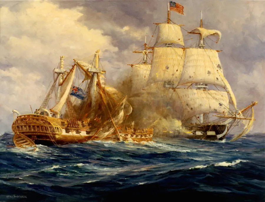 USS Constitution and HMS Guerriere in battle, painted by Anton Otto Fischer