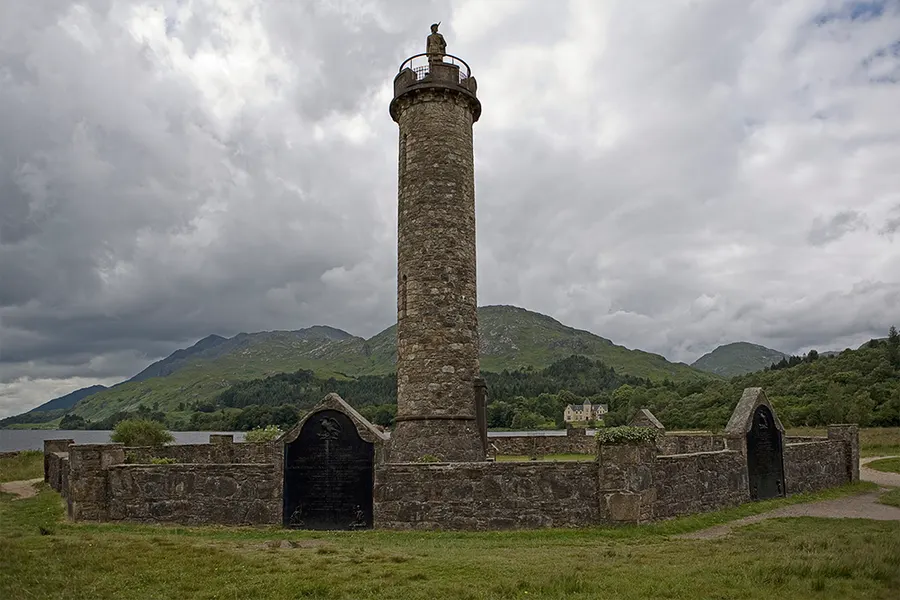 The Glenfinnan Monument at the head of Loch Shiel, built in 1815 to mark the raising of the standard