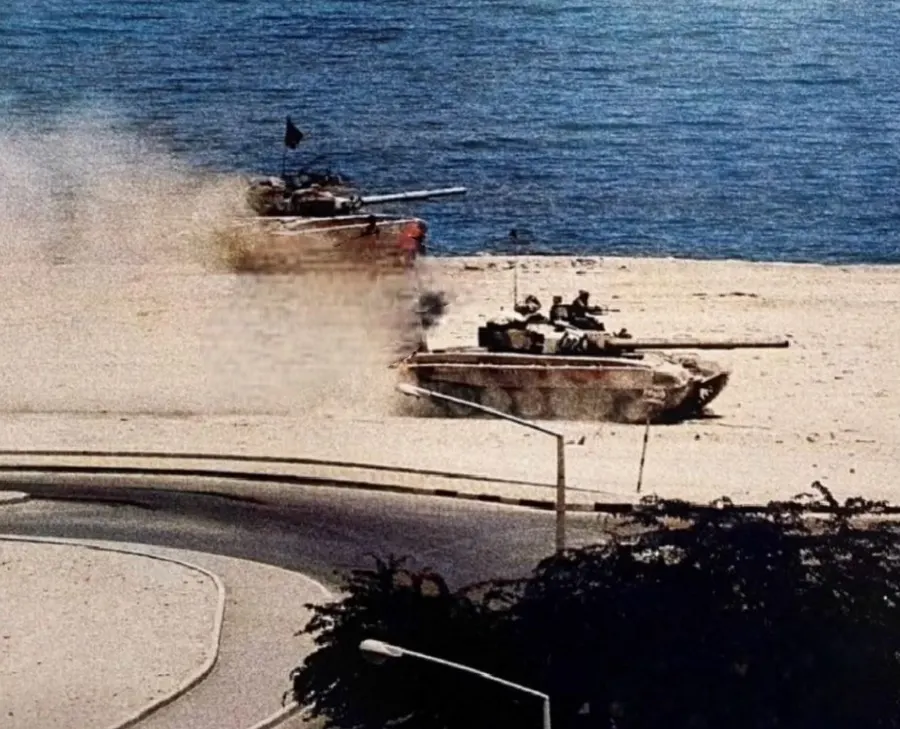 Iraqi Army T-72 tanks on the move during the invasion of Kuwait in August 1990