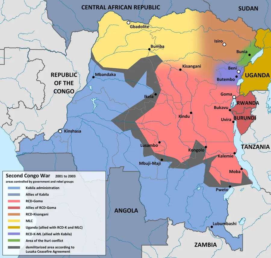 A map of the Second Congo War in 2001, showing the areas held by the government, the rebel movements and foreign armies
