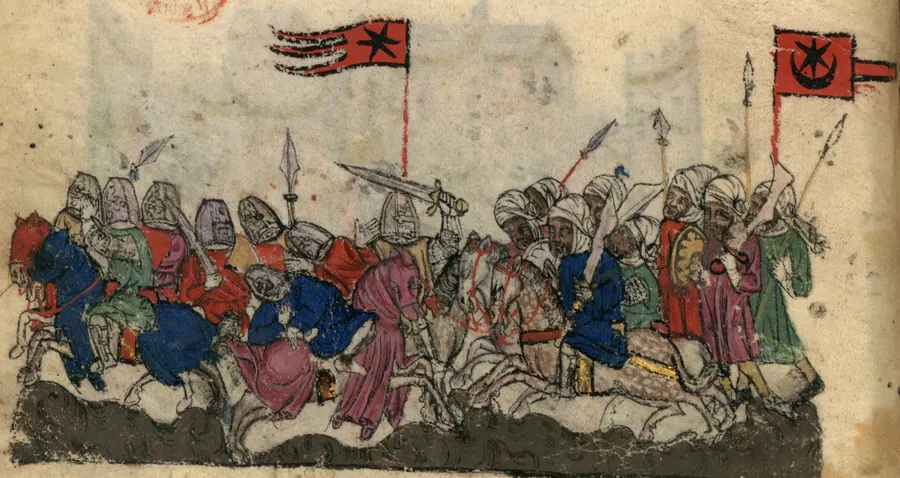 The Battle of the Yarmuk in an early 14th-century manuscript of Hayton's Flower of the Histories of the East, with the Arab army under a crescent banner and the Byzantines under a star
