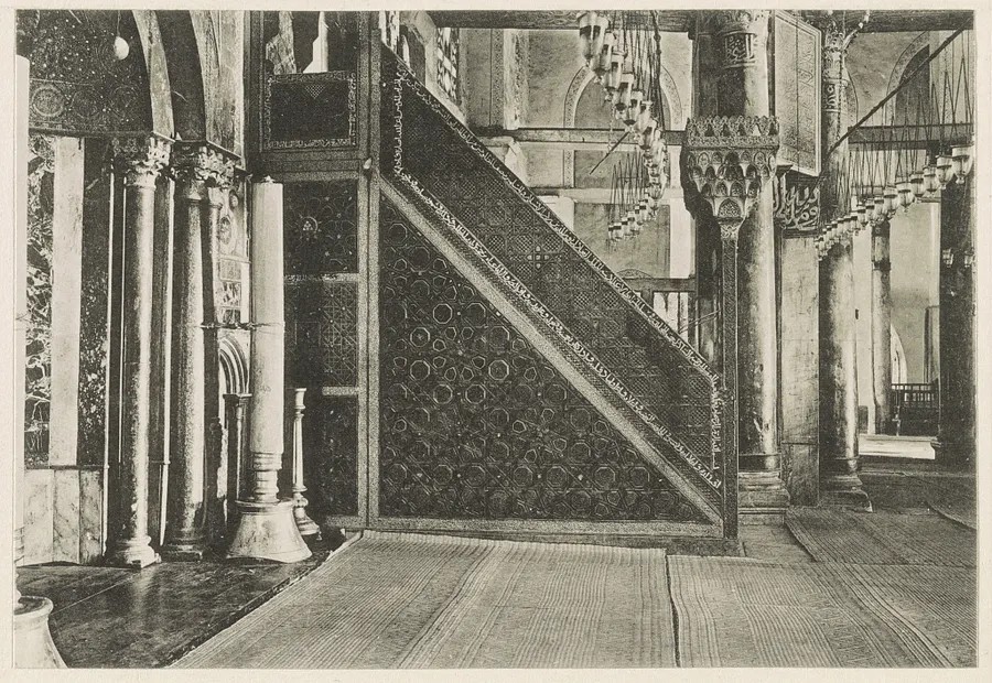 Saladin's carved pulpit in the al-Aqsa Mosque, made in Aleppo in 1168, photographed about 1916 before it was destroyed in the fire