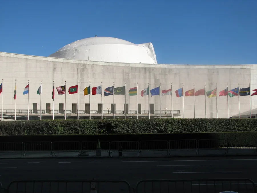 The flags of member states outside United Nations Headquarters in New York