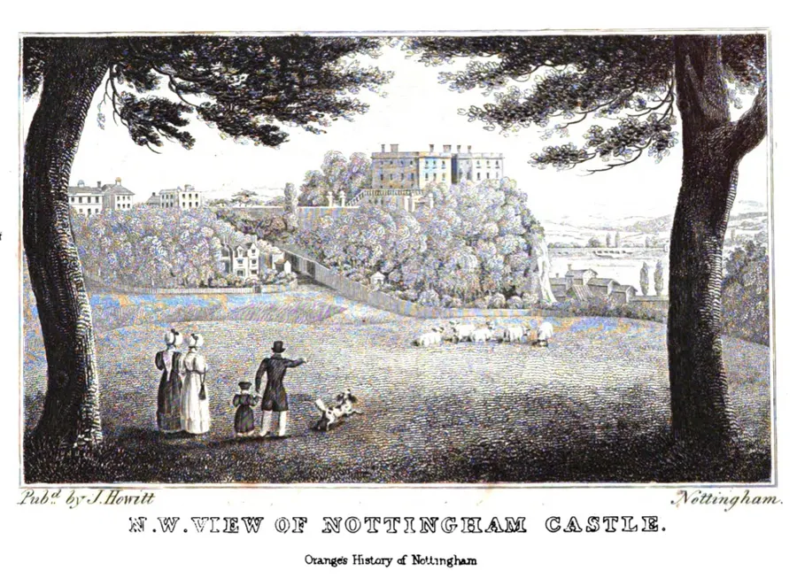 Nottingham Castle in 1840 by James Orange; the medieval castle where Charles raised his standard was later pulled down and replaced by a ducal mansion