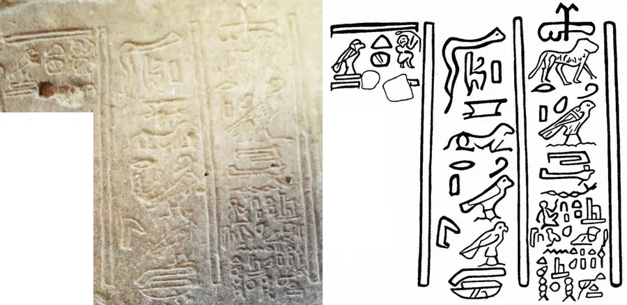 The hieroglyphic inscription of Esmet-Akhom at Philae, shown in a photograph and a drawing