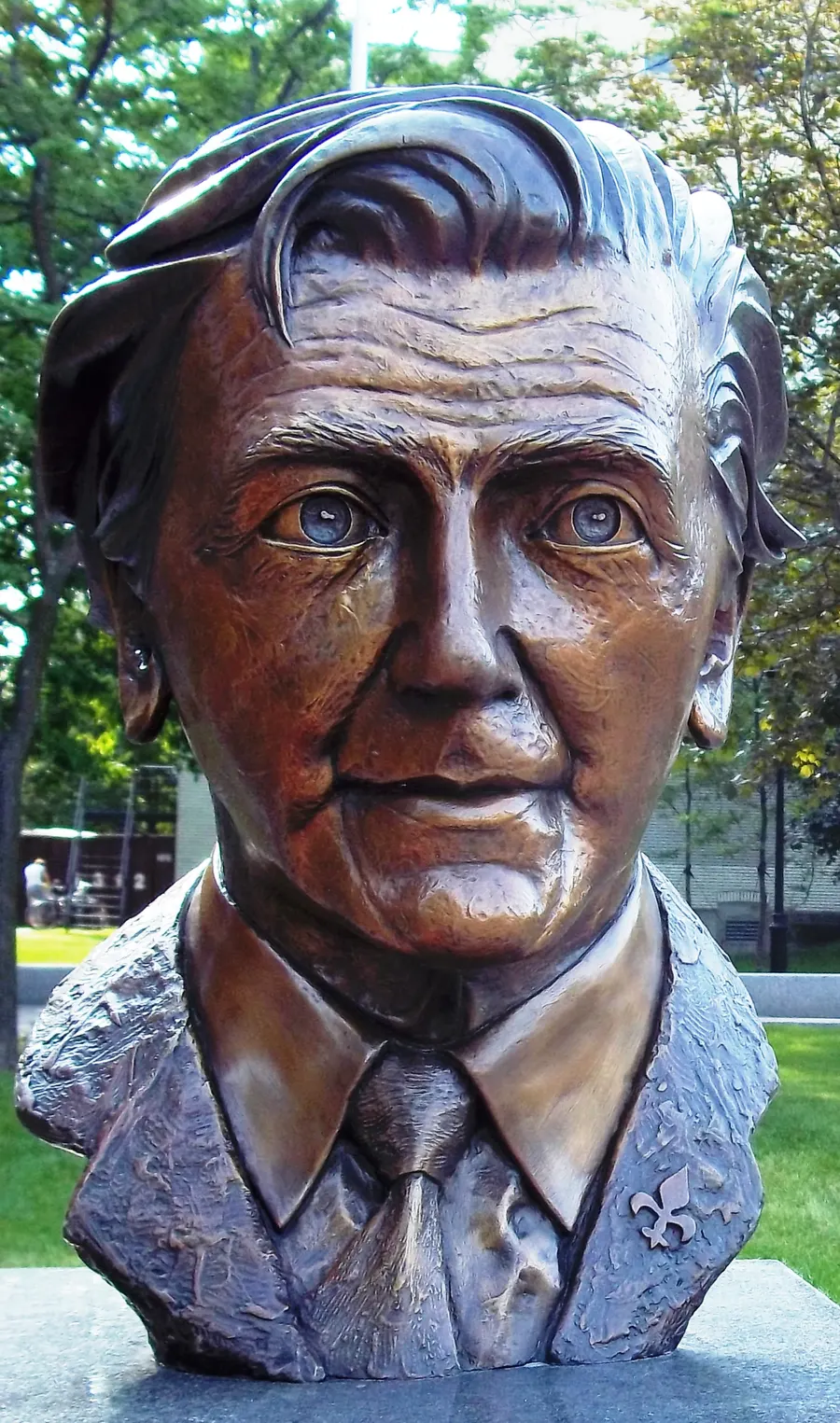 A bronze bust of Camille Laurin, the minister behind Bill 101, in a park in Montreal