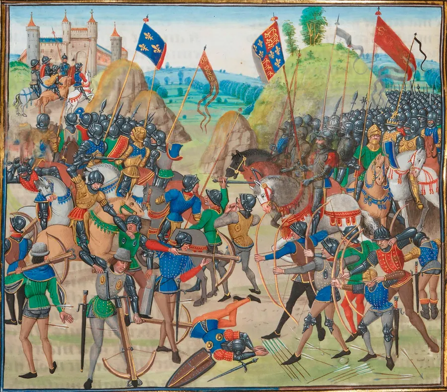 The Battle of Crécy in a 15th-century manuscript of Jean Froissart's Chronicles, illuminated by Loyset Liédet, with English longbowmen facing Genoese crossbowmen
