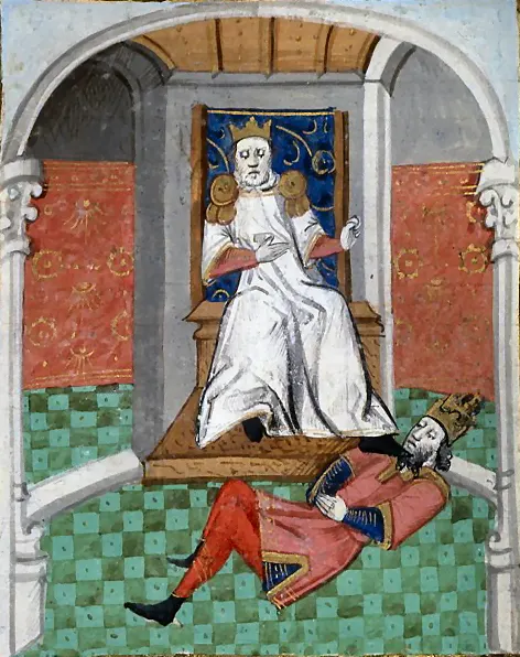 The sultan Alp Arslan humiliating the captured emperor Romanus IV, in a 15th-century French manuscript of Boccaccio's De casibus (BnF)