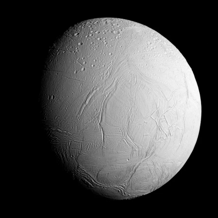 Saturn's moon Enceladus seen by NASA's Cassini spacecraft as it approached for a close flyby