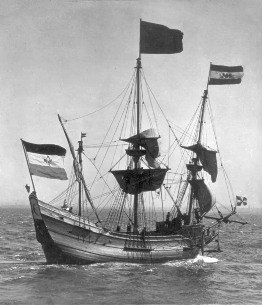 A replica of Henry Hudson's ship, the Halve Maen (Half Moon), under sail, in an early 20th-century stereo photograph