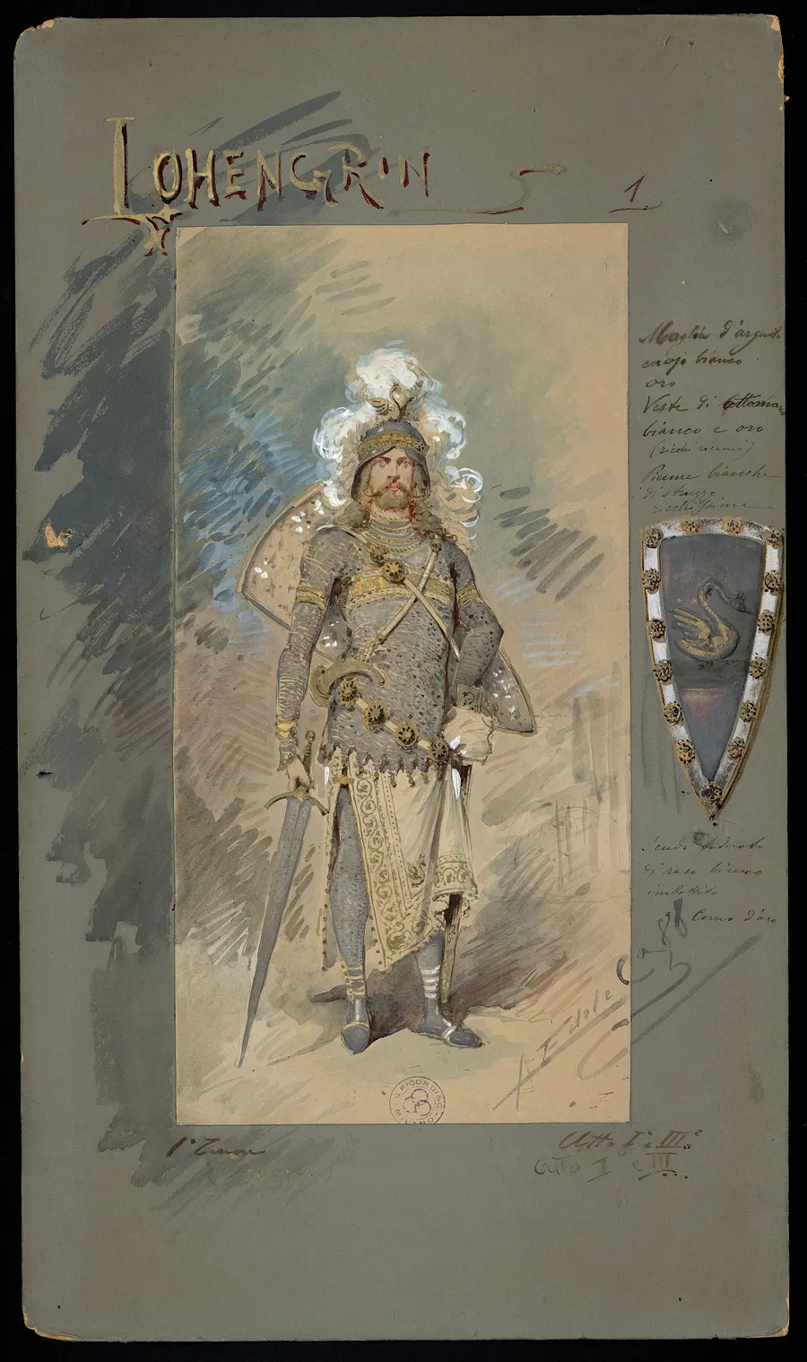 Alfredo Edel's costume design for the title role of Lohengrin, 1888, from the Ricordi historical archive