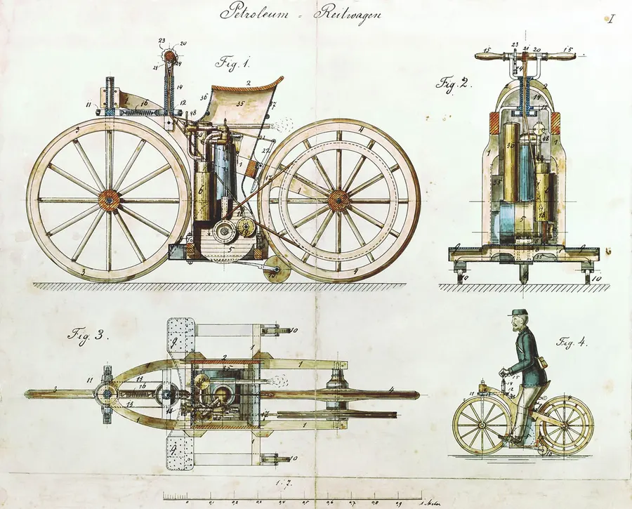 A coloured drawing of Daimler's Reitwagen from his 1885 German patent 36423